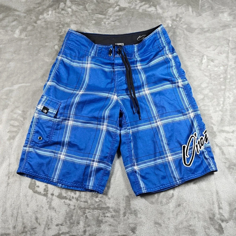 Vintage Oneill Board Shorts Men 30 Plaid Cargo Swim Trunks Surf Embroidered Y2K